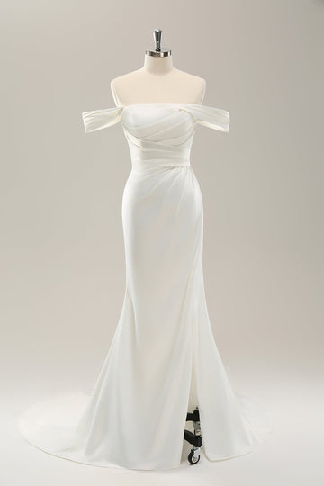 Hvid havfrue fra skulderen plisseret satin brudekjole med slids